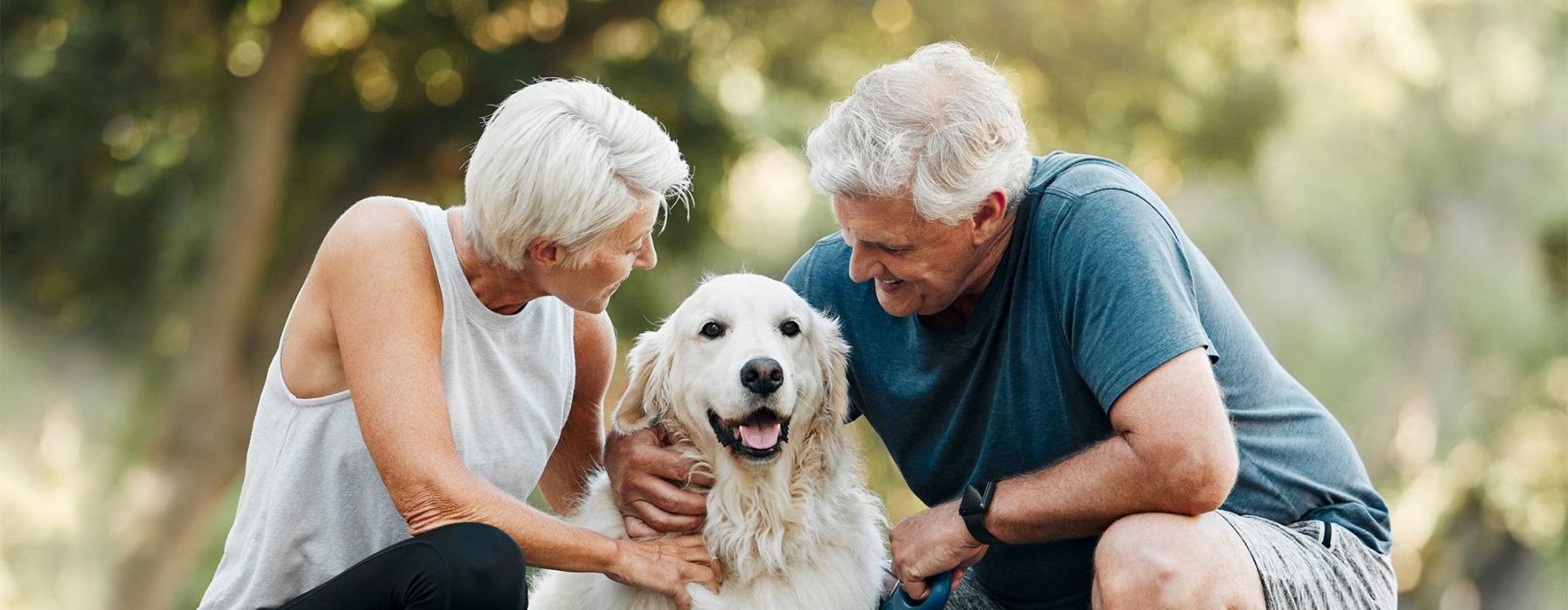 a man and woman petting a dog